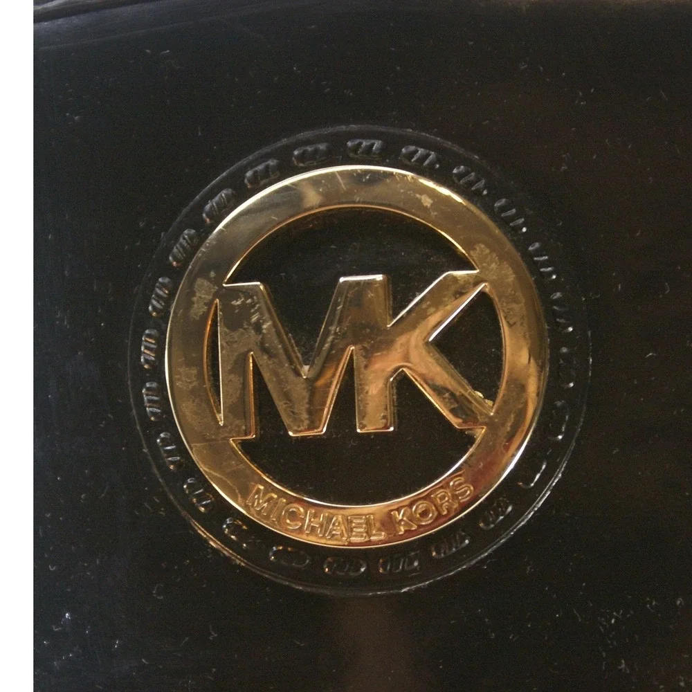 Michael Kors Fulton Black Rubber Rain Boots Gold MK Logo Medallion Womens 7